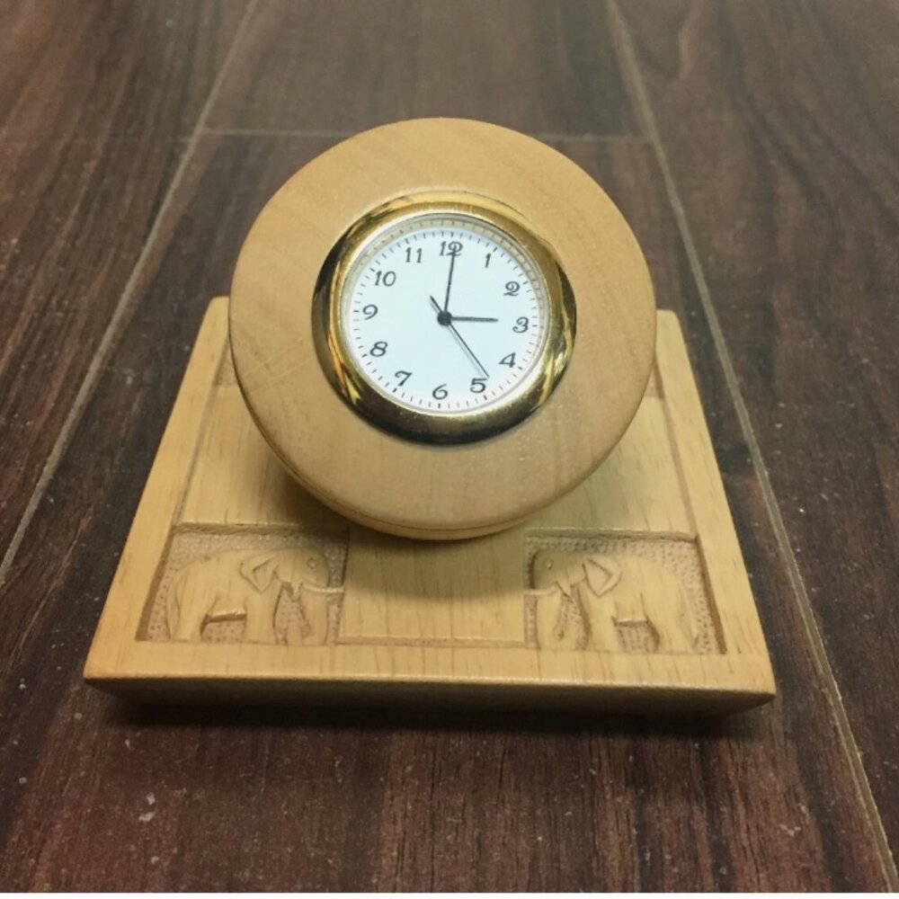 WORKS Handmade Wood Desk Clock Elephant Themed Made In India Fair Trade 4"